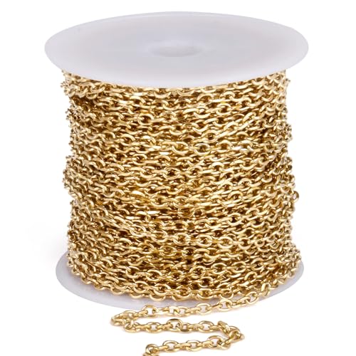 33 Feet Gold Rolo Cable Chain Bulk, 3.0mm 18K Gold PVD Plated 304 Stainless Steel Diamond-Cut Oval Rolo Cable Link Chains Roll Spool for Jewelry Making - color: Gold Color, size: 3.0mm width