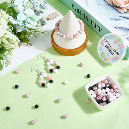 SUNNYCLUE 1 Box 180pcs Stone Beading Kit 8mm Gemstone Beads Black Pink White Jade Synthetic Turquoise Round Loose Spacer Beading Bulk with Elastic Cord for Jewelry Making Bracelets Necklaces Supplies