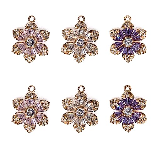 Crystal Zirconia Gold Plated Brass Charms for Jewelry Making Bracelet Necklace Earring Pendant Craft Supplies DIY Accessories - color: FlowerB-Mix-6Pcs