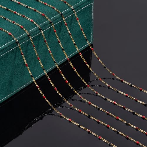 UMAOKANG 33 Feet Stainless Steel Jewelry Making Chain Black Red Enamel Beaded Cable Chains Bulk on Spool - color: Blak Red-Gold