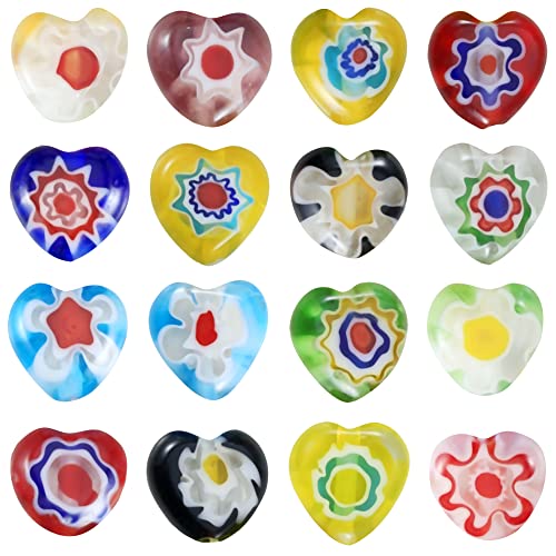 Weebee Millefiori Lampwork Glass Loose Assorted Beads Flat Flower Heart Glass Coin Round Spacer Bead for Jewelry Making 100 Pcs (Heart 6mm) - color: Heart 6mm