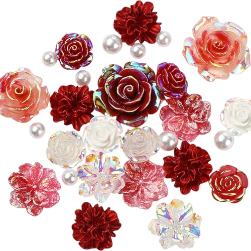 BEEFLIYNG 1 Pack Random 3D Resin ABS Colorful Rose Flower Butterfly Bow Charm Pearl Bead Acrylic Floral Decor Cabochons for Bracelet Earring Necklace Phone Case Craft DIY Jewelry Making - color: Red