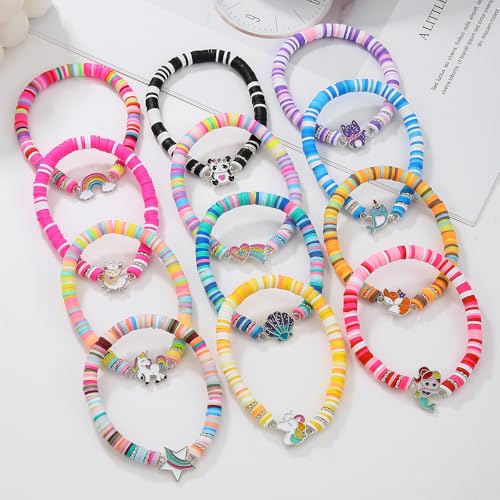 Friendship Bracelets Boho Stackable Bracelets for Women Surfer Heishi Clay Bead Bracelets Stretch Preppy Bracelets Colorful Boho Bracelets for Women - color: 12pcs cute animals