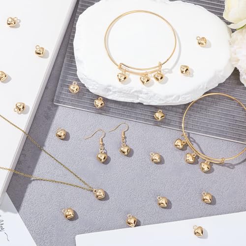 MARFOREVER 40 Pcs 18K Gold Heart Charms for Jewelry Making, Valentines Charms 3D Love Heart Shape Dangle Pendants for Mother's Day Valentine's Gifts Bracelet Necklace Earrings Making DIY Crafts - style: Gold Heart