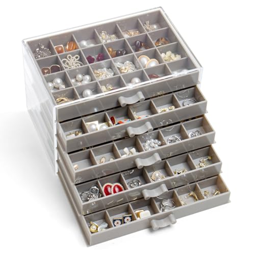 YUFONG Earring Storage Box Organizer, Acrylic Jewelry Storage Box Holder 5 Drawers Transparent Jewelry Display Stand with 120 Small Compartments Gift Boxes for Women Girls (Gray) - color: Gray