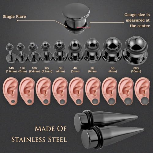 Longbeauty 14G-00G 36pcs Ear Gauges Stretching Kit Surgical Steel Tapers for Ears Gauge Starter Kits Single Flat Top Gauges Plugs for Women Men - color: Black