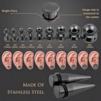 Longbeauty 14G-00G 36pcs Ear Gauges Stretching Kit Surgical Steel Tapers for Ears Gauge Starter Kits Single Flat Top Gauges Plugs for Women Men - color: Black