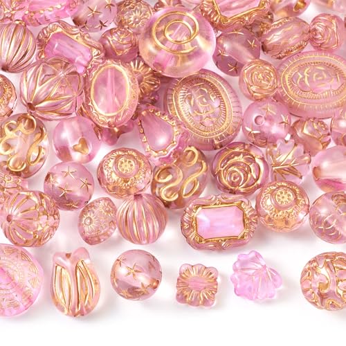 Beadthoven 48Pcs Assorted Bohemia Acrylic Beads for Jewelry Making, Metal Enlaced Pink Aesthetic Beads Heart Butterfly Flower Round Oval Czech Beads Bulk for Bracelet Earring Necklace DIY Craft - color: Pink
