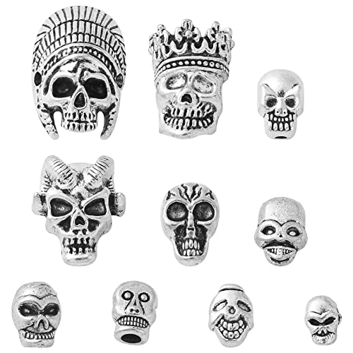 DanLingJewelry 150pcs 10 Styles Tibetan Style Skull Antique Silver Skeleton Head & Devil Head Beads for Halloween Jewelry Making - color: 150pcs - skull - 10 styles