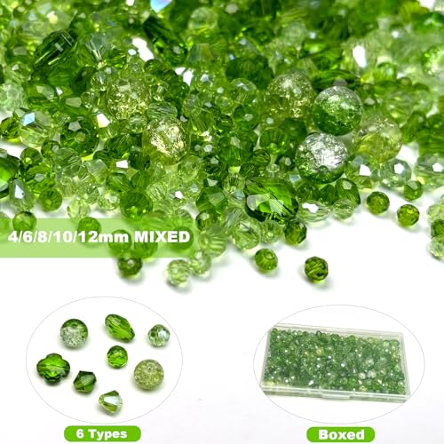 1000pcs Green Beads, Glass Beads for Jewelry Making, Green Assorted Crystal Faceted Bicone Teardrop Crackle Clover Loose Shiny Beads for Earring, Necklace, Bracelet, Plant Crafts DIY, Home Decor