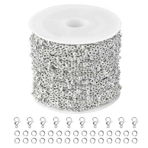 Kyutong Dainty Beaded Chain for Jewelry Making Silver Cable Chain Spool 304 Stainless Steel Chains Link for Women Men Making Jewelry Craft Finding Supplies - color: Cross Bead Silver