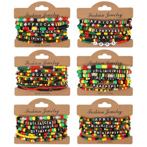 COLORFUL BLING 4th of July Bracelets for Women/Juneteenth African Beaded Stackable Layered Surfer Bracelets Rasta Jamaica Jewelry - color: happy-clay