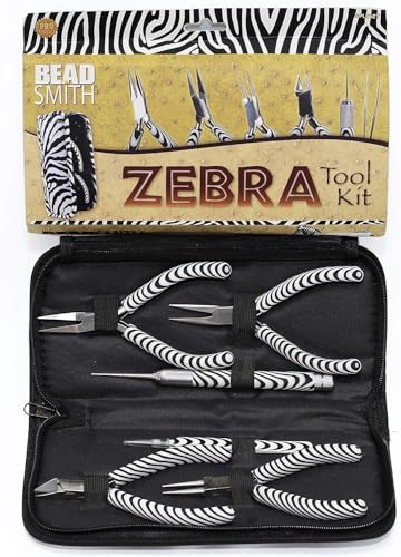 The Beadsmith Zebra Print Tool Kit – 6 Pieces: Chain, Round, and Bent Chain Nose w/Side Cutter, Tweezers, & Reamer with Zippered Pouch, 5-Inch Each - size: tool kit - 5" (6-piece)