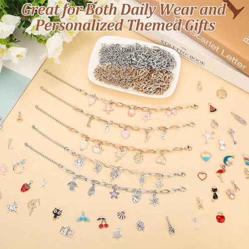 Mckanti 674 Pieces Charm Bracelet Making Kit, Including Paperclip Chain Bracelets, Charms, Jump Rings for DIY Bracelet Making(Gold & Silver)