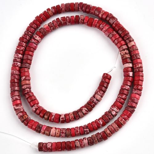 190pcs 4x2mm Red Natural Sea Sediment Imperial Jasper Heishi Disc Rondelle Spacer Stone Semi Precious Gemstone Loose Beads for Jewelry Making 15 Inch - color: Red Imperial, size: 4x2mm