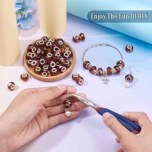 100pcs 14mm Large Hole Beads Glass Crystal Faceted Beads Brown European Crystal Spacer Bead for Valentine's Day Necklace Earring Bracelet Crafts Jewelry Making - color: Brown