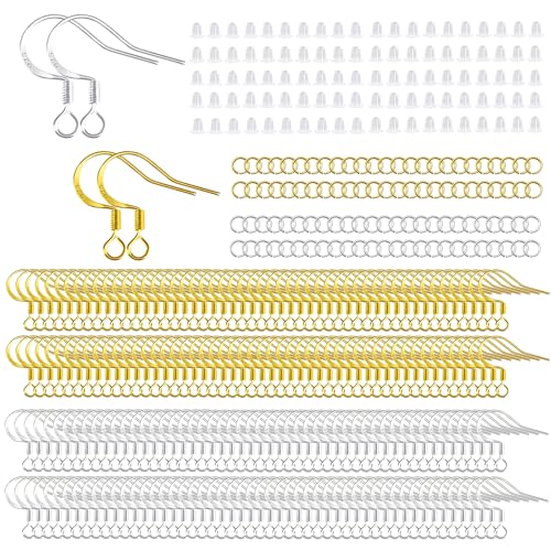 200 PCS 18K Gold Tone and Silver Earring Hooks 925 Sterling Silver Plated Hypoallergenic Ear Wires Fish Hooks with 100 PCS Clear Silicone Earring Backs and 100PCS Jump Rings for DIY Jewelry Making… - color: 18K Gold and Silver