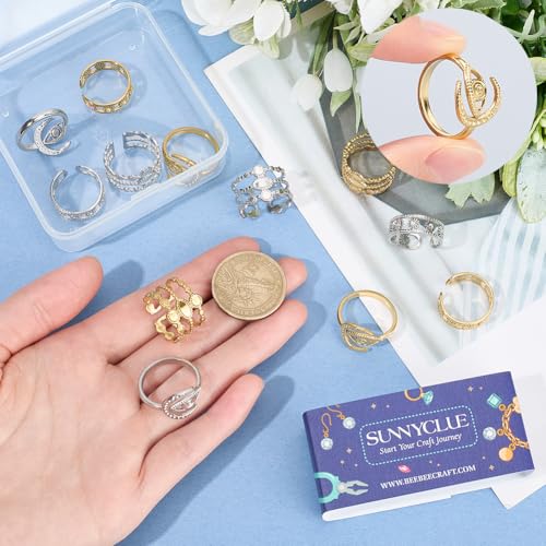 SUNNYCLUE 1 Box 12Pcs 6 Style Stainless Steel Ring Bezels Finger Ring Blank Base Gold Silver Metal Adjustable Flower Eye Open Rings Tray Component with Round Pad for Jewelry Making Rings DIY Crafts - style: Ring 2