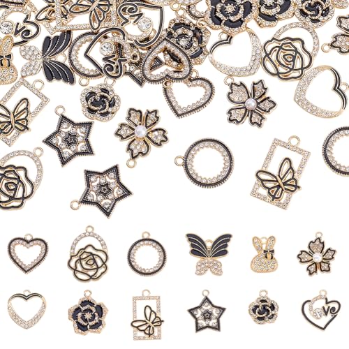 48Pcs 12 Styles Rhinestones Charms Alloy Enamel Love Pendants with Crystal Rhinestone Flower Butterfly Round Ring Charm for Necklace Bracelet Earrings Jewelry Making DIY Craft