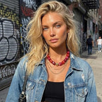 Mchic Colorful Beaded Choker Necklace for Women: Boho Large Square Acrylic Beaded Necklace Stainless Steel Adjustable Surfer Beach Strand Necklaces Summer Handmade Jewelry Gift for Women - color: Red