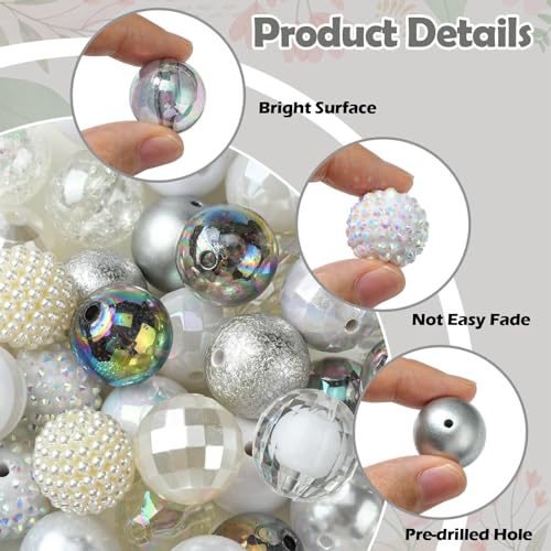 Ipotkitt 50 Pcs 20mm Acrylic Bubblegum Beads Round Spacer Loose Beads White Theme Disco Ball Chunky Rhinestone Beads for Pen Bag Chain Jewelry Making - color: 50pcs-White Bubblegum Beads-20mm