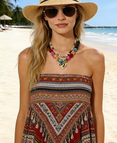 BOMAIL 2PCS Chunky Acrylic Beaded Choker Necklaces for Women Boho Colorful Resin Bead Choker Necklaces Set Big Bead Necklace Fashion Trendy Summer Necklaces Jewelry - color: A:Heart