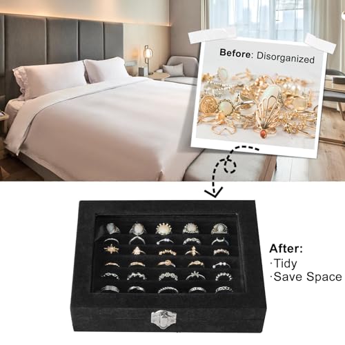Velvet Ring Organizer Box, 7 Slots Jewelry Holder with Glass Lid Earring Display Tray Storage Case Gift for Women and Girls (Black)