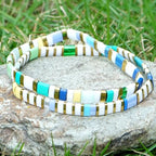Tila Flat Beaded Bracelet for Women,Bohemian Colorful Stretch Square Glass Bead Elastic Layred Bracelet Stack, Handmade Boho Trendy Holiday Jewelry Accessories Friendship Gift - color: White Green
