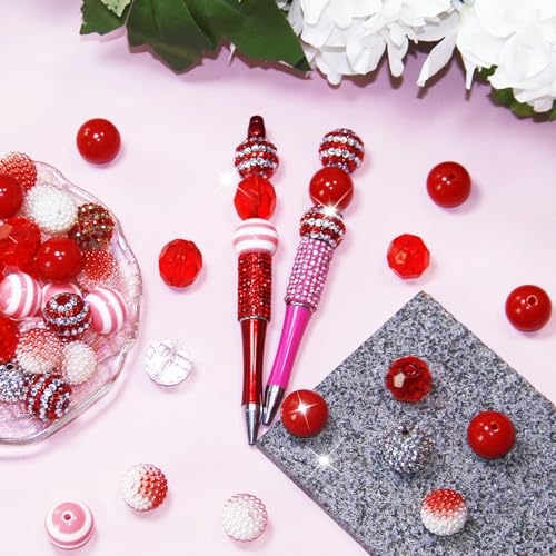 48 Pcs 20mm Beads for Pens Rhinestone Bubblegum Beads Red Crystal Acrylic Round Chunky Bead Sparkly Craft Large Balls Bead for Pen Beadable Keychain Bracelet Necklace DIY Jewelry Making Supplies - color: Red