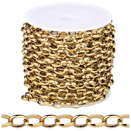 [16.5 FT] 18K Gold PVD Plated Rolo Cable Chains Bulk for Jewelry Making, 5.5mm 304 Stainless Steel Gold Oval Cable Link Chains Roll Spool for DIY Craft Jewelry Making - color: Gold Color, size: 5.5mm width