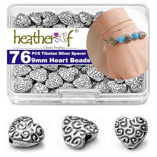 Tibetan Silver Heart Spacer 76Pcs Flat Beads for Jewelry Making Supplies Adults Small Seed Bead for Necklace Earring Bracelet Making Kit Bulk 9mm - color: Silver heart flat