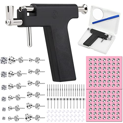 Professional Ear Piercing Gun Kit, Reusable Piercing Gun with Stainless Steel Piercing Earrings Studs, Crystal Earrings for At Home Salon Earlobe Cartilage Helix Tragus Piercing Tool Kit - color: Black