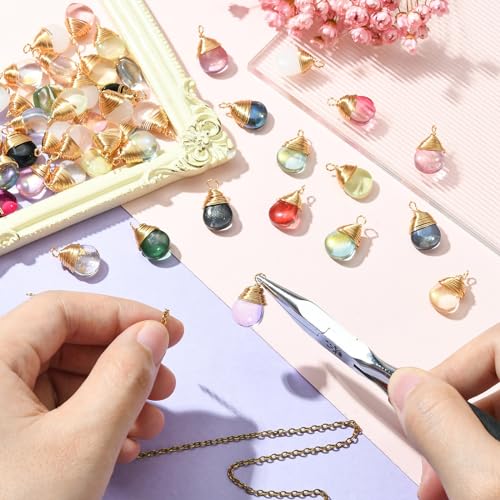 KitBeads 50pcs Glass Water Drop Charms Transparent Colorful Gold Plated Teardrop Charms for Jewelry Making