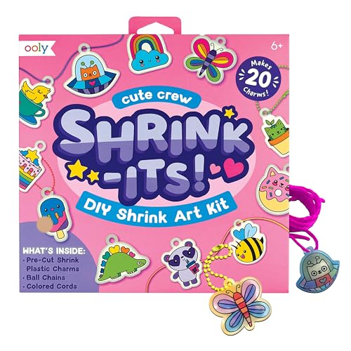 Ooly 28 PC DIY Shrinking Art Kit for Kids, 20 Plastic Pre Cut Charms and More, No Mess Creative Activity Jewelry Making Kit - Cute Crew - color: Cute Crew Charms