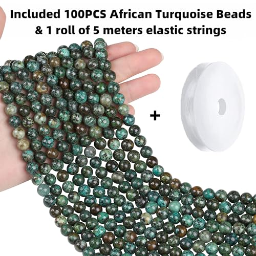QINJIEJIE 60PCS African Turquoise Stone Beads 8mm Natural Beads Round Loose Gemstone Bead for Bracelet Beading Crystal Jewelry Making DIY Necklace Earrings 0.32" - color: African Turquoise, size: 60PCS