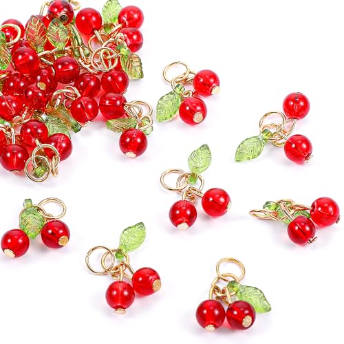 Tyqour 30 Pcs Red Cherry Charms Bulk 3D Mini Glass Fruit Charms for Jewelry Making Fruit Cherry Beads Pendants for Earrings Necklace Bracelet Anklet DIY Craft