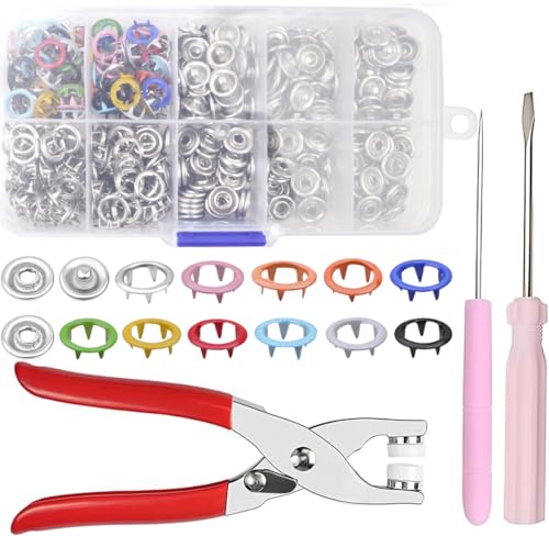 Snap Fasteners Kit - 100 Sets Snaps for Fabric Metal Snaps Buttons 9.5mm with Fastener Pliers Press Tool Kit Came with Flat Tip Screwdriver and awl for DIY Crafts, Clothing Sewing, Hats