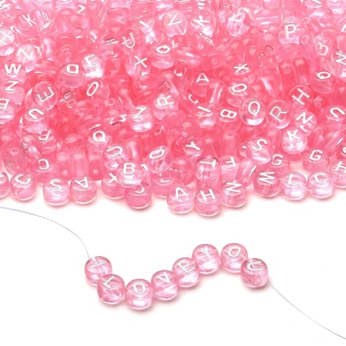LAIDANLA 1500PCS Acrylic Letter Beads Alphabet White Letters Pink Transparent Round Bead 7×4mm for Jewelry Bracelets Necklaces Key Chains Making - color: P-White Letter Pink Transparent Beads