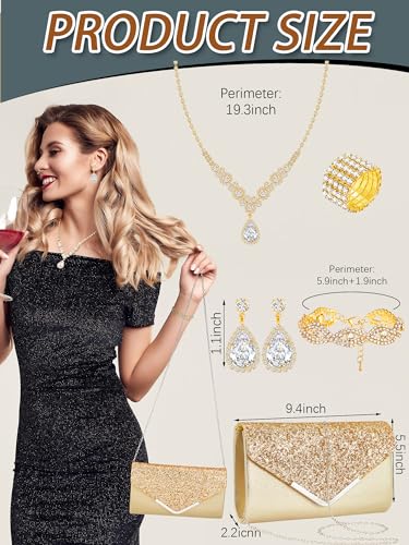 Henoyso 5 Pcs Rhinestone Jewelry Sets Prom Purse Jewelry Rhinestone Clutch Purse Bride Necklace Earrings Bracelets for Women - color: Gold