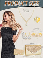 Henoyso 5 Pcs Rhinestone Jewelry Sets Prom Purse Jewelry Rhinestone Clutch Purse Bride Necklace Earrings Bracelets for Women - color: Gold