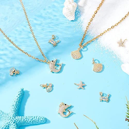 SUNNYCLUE 1 Box 10Pcs 5 Styles Shell Charms Starfish Charm Micro Pave Cubic Zirconia Pendant Brass Dolphin Ocean Pendants for Jewelry Making Charms Keychain Earring Necklace DIY Crafting Accessories - color: Micro Pave Cubic Zirconia Charms