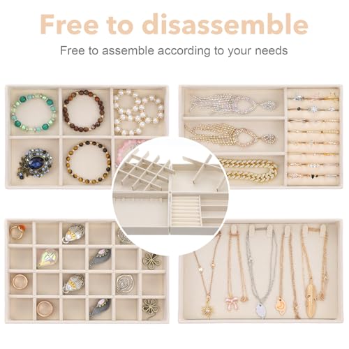 Jewelry Drawer Organizer Tray Set of 4 Stackable Velvet Jewelry Trays Drawer Inserts Organizer Case Set for Women Jewlery Storage Display Tray for Earrings, Rings, Necklaces, Bracelets, Watch (Beige)