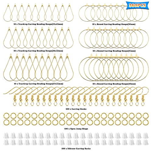 360 Pcs Beading Hoop Set for Jewelry Making, with Teardrop Round Hoops, Open Jump Rings, Earring Hooks and Backs, DIY Craft Supplies - color: 360Pcs-K Gold