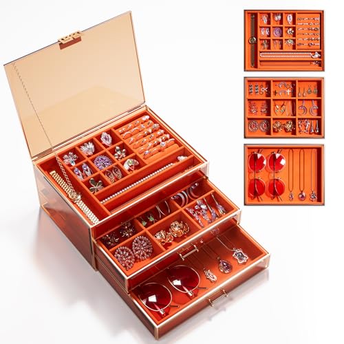 CoralHouse Jewelry Box,3-Tier Large Glass Jewelry Organizer with Velvet Lining and Copper Handles - Ideal for Rings, Earrings, Necklaces, Bracelets, and Watches. - color: Amber