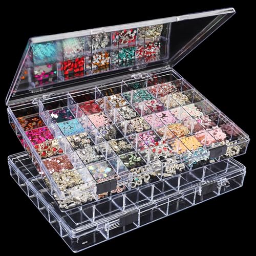 Noverlife 2 Pack 36 Grids Clear Plastic Organizer Box, Jewelry Craft Storage Container Bead Holder Nail Charm Organizer, Rock Collection Box for Fishing Tackles, Acrylic Earring Display Case for Girls - size: 36 Grids - 2 Packs