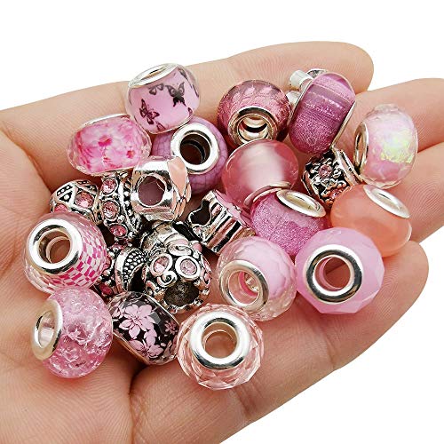 50pcs Assorted Pink Resin Imitation Glass European Large Hole Beads Rhinestone Metal Spacer Charms Bead Assortments for DIY Crafts Bracelets Necklaces Jewelry Making (M567-Pink) - color: Pink