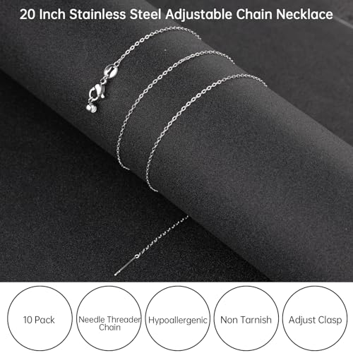 GTVOODX 10pcs Silver Adjustable Necklace Chain Stainless Steel Link Cable Chain Bulk with Needle Threader Lobster Clasps for Jewelry Making - color: Silver Cable