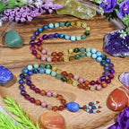 108 Mala Beads Genuine Semi-Precious Gemstone Hand Knotted 8MM Prayer Beads Long Multicolor Necklace 40 Inches - style: chakra