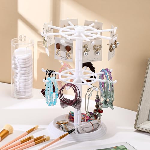 2 Pack Keychain Display Stand Rotating Jewelry 2 Tier Necklace Holder Plastic Spinning Bracelet Hanging Organizer Rotating Rack Earring Bracelet Stands for Vendors Malls Counter Dressing Table - color: White