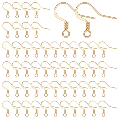 UNICRAFTALE 100Pcs Real 18K Gold Plated Earring Hooks Stainless Steel Ear Wire with Loops Earwire Hooks Fish Hooks Flat Earring Hooks with Coil for DIY Earring Jewelry Making - color: Gold, size: 15mm Long